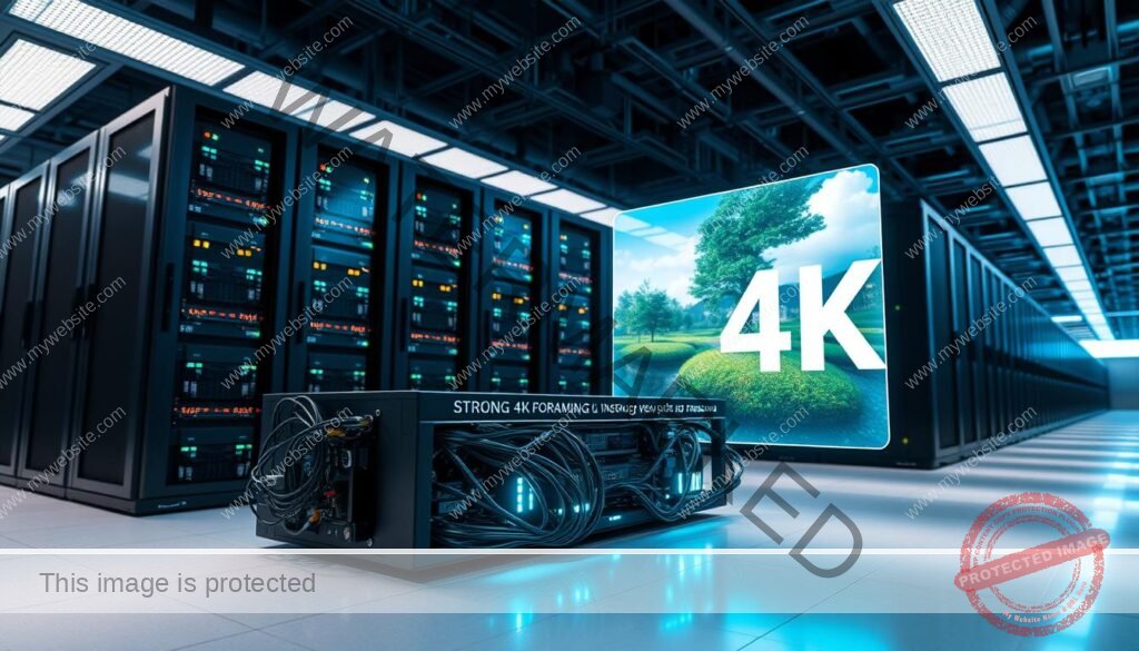 A cutting-edge data center with rows of sleek black servers and glowing LED indicators, bathed in a cool blue-green hue from overhead lighting. In the foreground, a futuristic video processing rig with intricate wiring and high-bandwidth connectors, symbolizing the advanced "strong 4k" streaming technology. In the background, a holographic display shows a vibrant 4K nature scene, hinting at the exceptional visual quality delivered by this innovative platform. The scene conveys a sense of technological sophistication, power, and the future of multimedia entertainment.