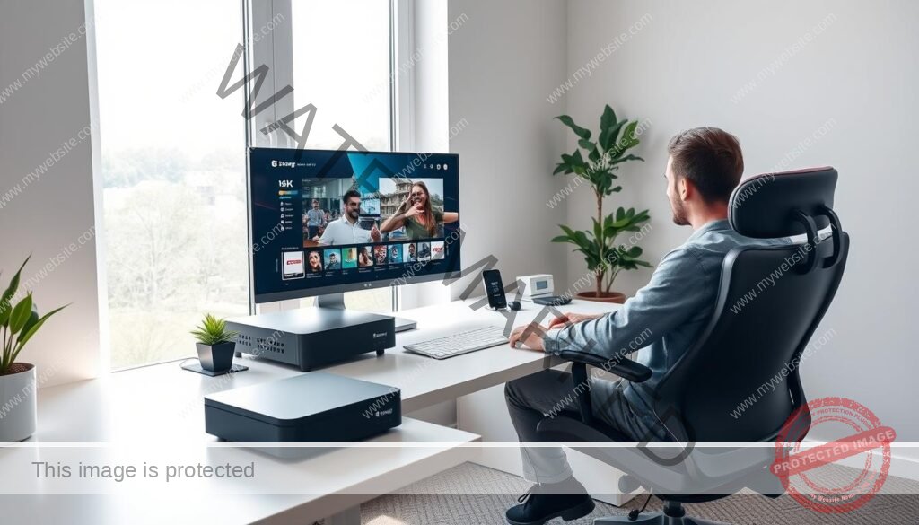 A modern home office setup with a sleek, minimalist design. On the desk, a powerful "strong 4k" IPTV box rests next to a high-resolution monitor, ready to deliver 8K clarity for global live events. The room is bathed in soft, natural lighting from a large window, creating a calm and productive atmosphere. The user, dressed in casual attire, sits comfortably in an ergonomic chair, focused on navigating the intuitive "My 8K IPTV" app interface on the screen. The overall scene conveys a sense of seamless technology integration and a smooth, enjoyable IPTV experience.