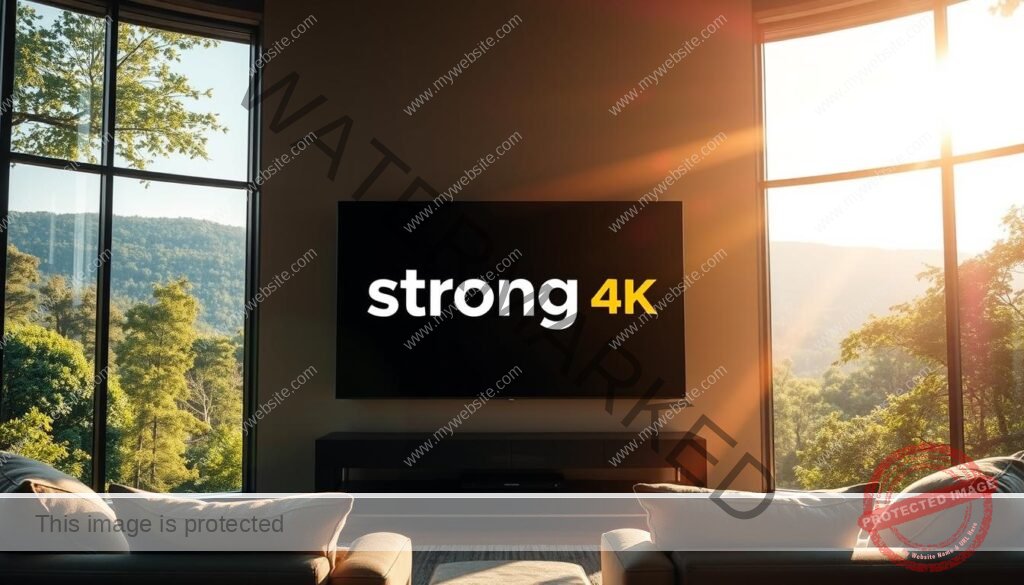 A serene living room with floor-to-ceiling windows overlooking a lush, verdant landscape. Sunlight streams in, bathing the space in a warm, golden glow. On a sleek, modern television, the "strong 4k" logo is prominently displayed, showcasing premium streaming quality. The image is sharp, with vivid colors and deep blacks, creating a truly immersive viewing experience. Plush, comfortable seating invites the viewer to settle in and lose themselves in the content. The overall atmosphere is one of tranquility and high-end entertainment, reflecting the article's promise of premium streaming for every viewer.