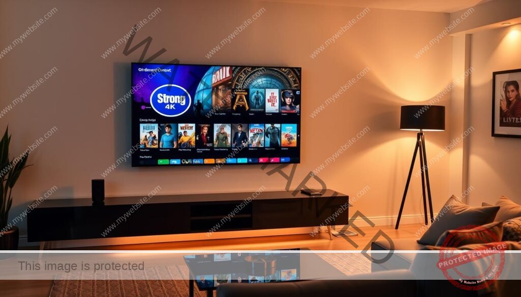 A sleek, modern living room with a large flat-screen TV mounted on the wall. The TV displays a vibrant, high-quality interface showcasing a diverse selection of on-demand movies and TV series, including the "Strong 4K" brand logo prominently featured. The room is bathed in warm, ambient lighting, creating a cozy and inviting atmosphere. The scene evokes a sense of convenience, entertainment, and easy access to a vast library of content, perfectly capturing the "On-Demand Content: Movies and TV Series" section of the article.