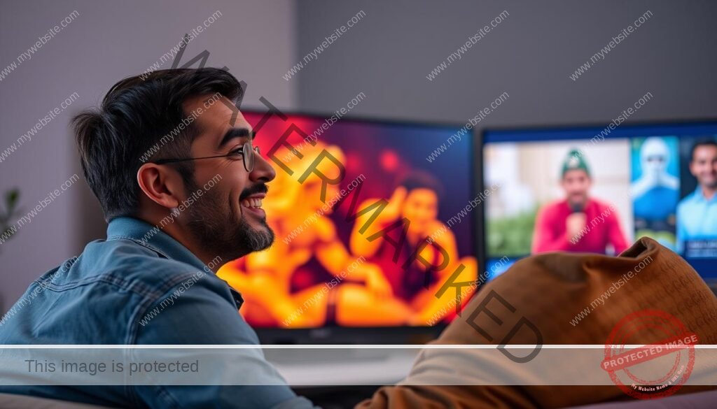 Generate an image of a person streaming their favorite show on a smart TV with a satisfied expression.