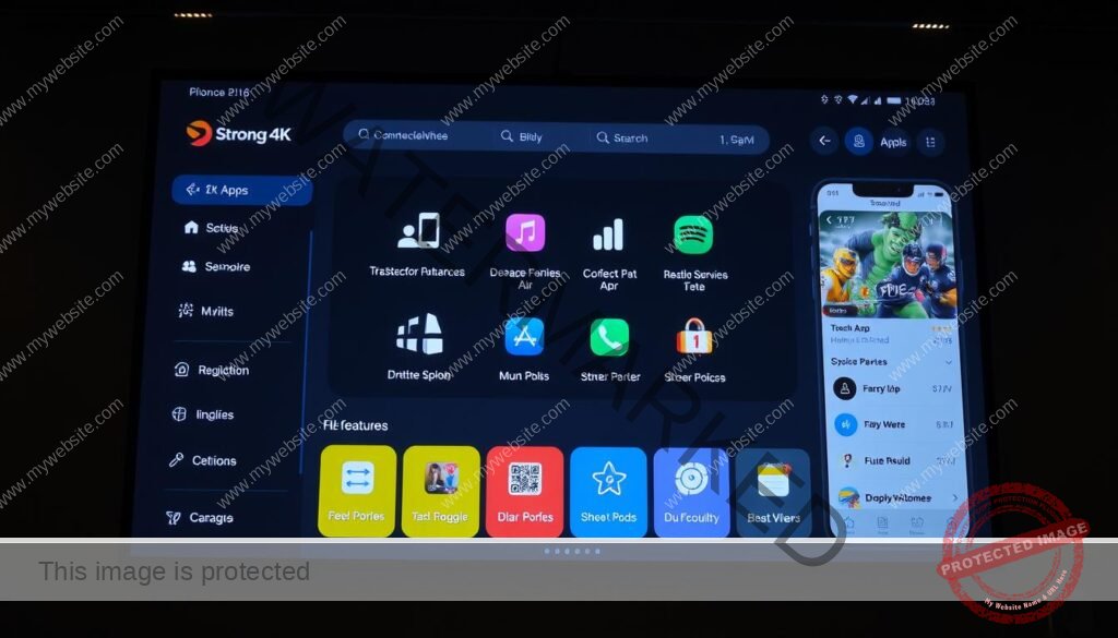 Generate an image of the Strong 4K app interface on a large screen
