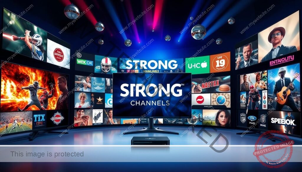 Generate an image representing Strong IPTV's diverse channel offerings and high-quality streaming.