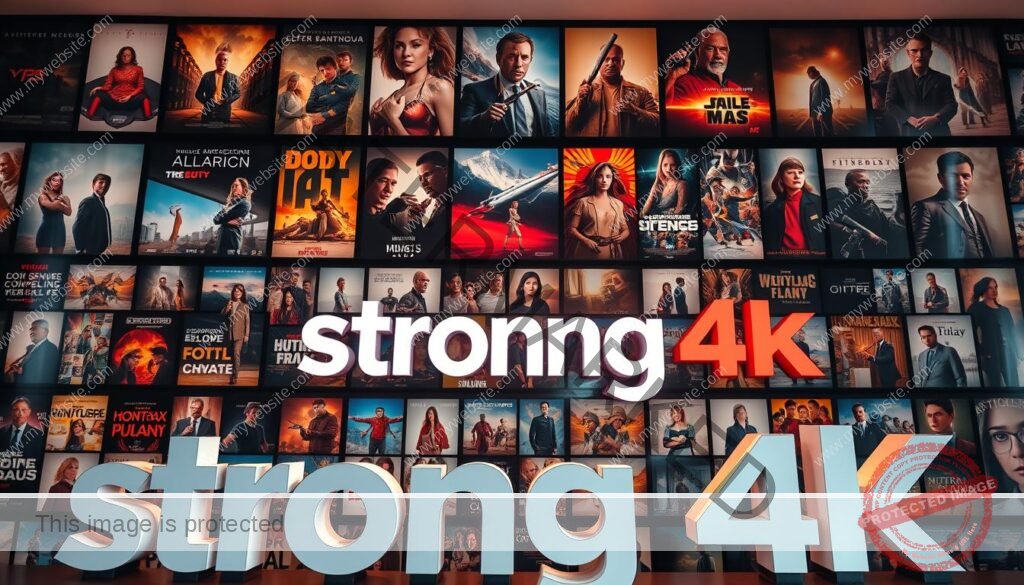 Prompt A meticulously curated display of diverse international content, showcasing the impressive range of the "strong 4k" streaming platform. A striking arrangement of movie posters, TV show thumbnails, and captivating documentary covers fills the frame, each item exuding a sense of quality and excitement. The scene is bathed in a warm, cinematic lighting that enhances the vibrant colors and details, creating an atmosphere of refined sophistication. The composition is organized in layers, with the foreground dominated by the prominent "strong 4k" branding, the middle ground featuring the diverse content selection, and the background hinting at a globalized audience through subtle cultural references. The overall impression conveys the platform's commitment to providing a truly international streaming experience.
